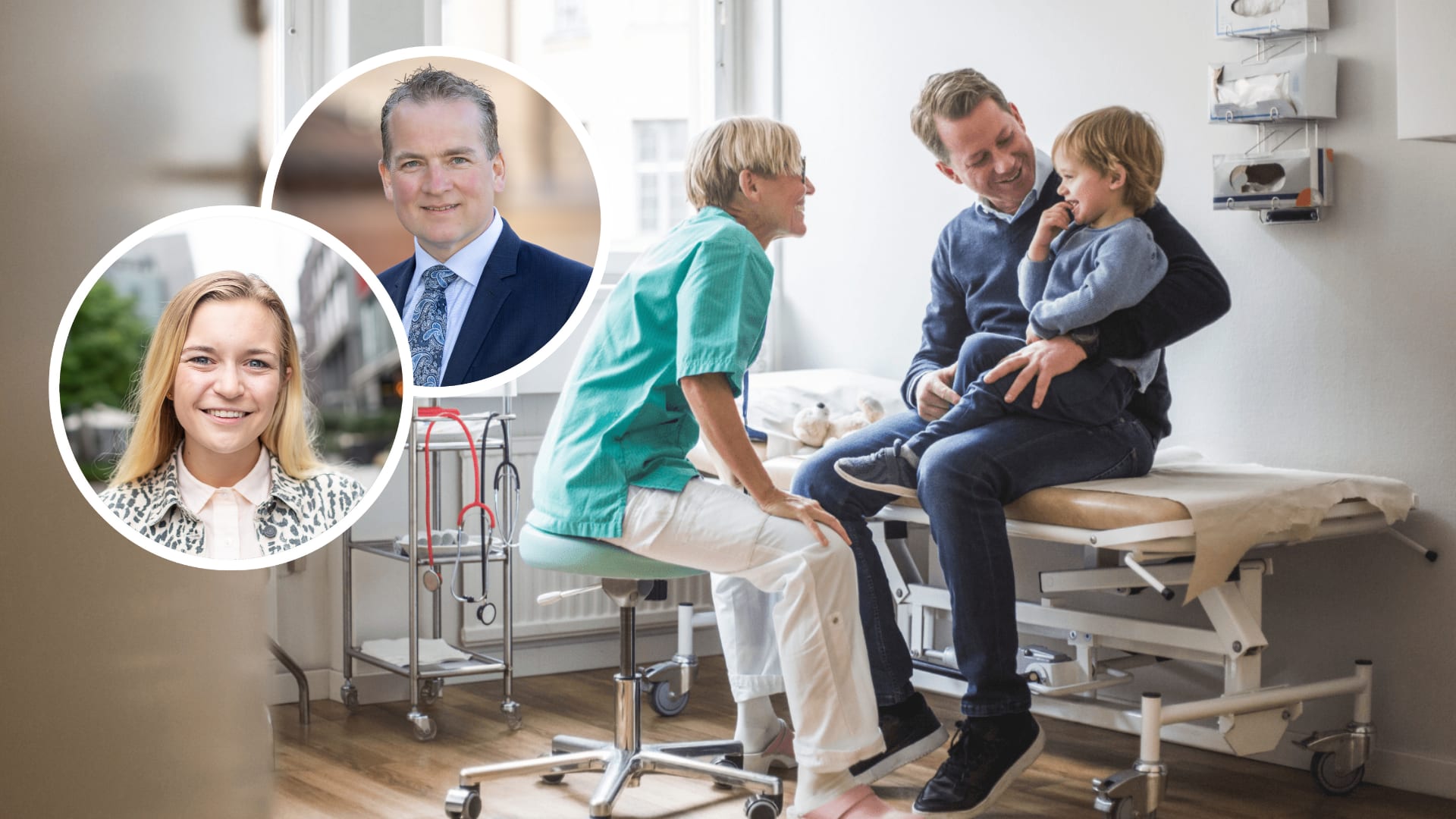 Far og barn på legekontor.